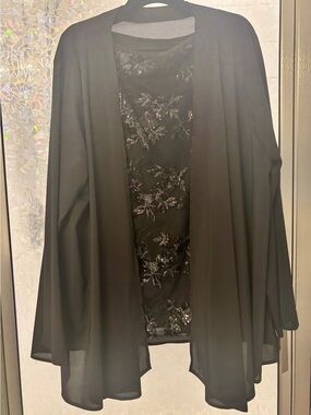 Black Flowing Open-Front Sheer Jacket with Beaded Floral Panel 2 piece set.